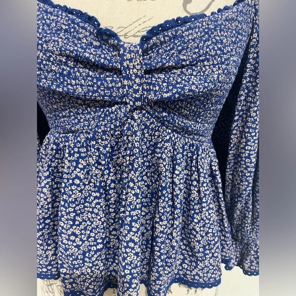 Blue Floral Smocked Peplum Blouse | 100% Viscose Size XS